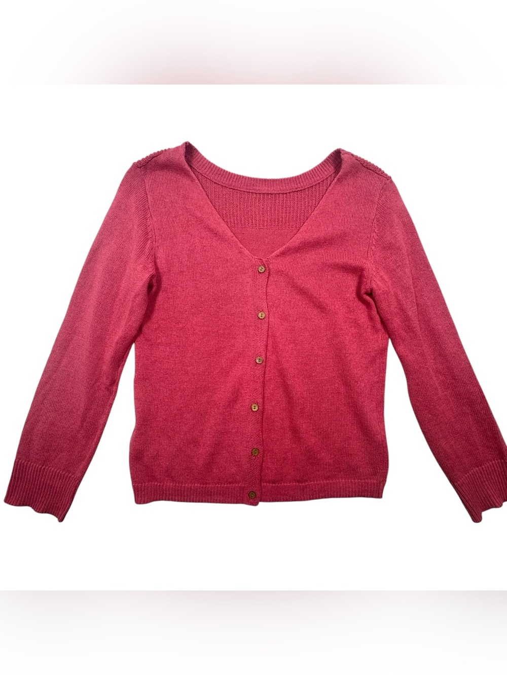 White Stuff Linen Cotton Blend Crewneck Cardigan Sweater Mauve Pink Wood Buttons